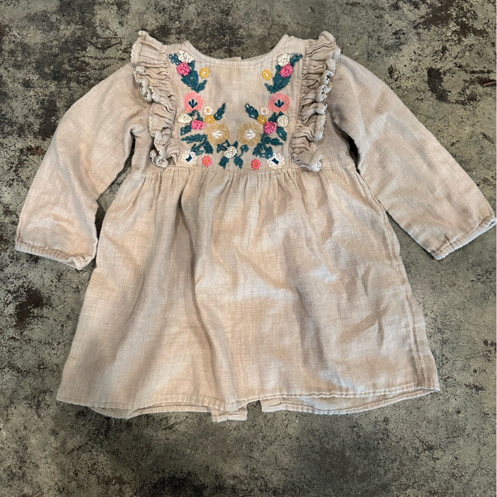 Zara Baby Embroidered Floral Woven Dress with Wood Buttons